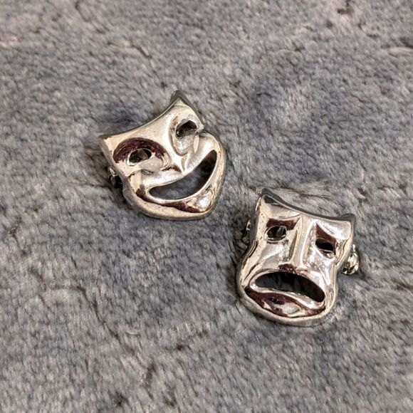 Vintage 70's Rhodium Plated Comedy and Tragedy Small Scatter Pins - Picture 1 of 11